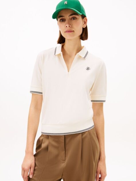 Beige Regular Fit Pique Zip Polo Shirt  Women