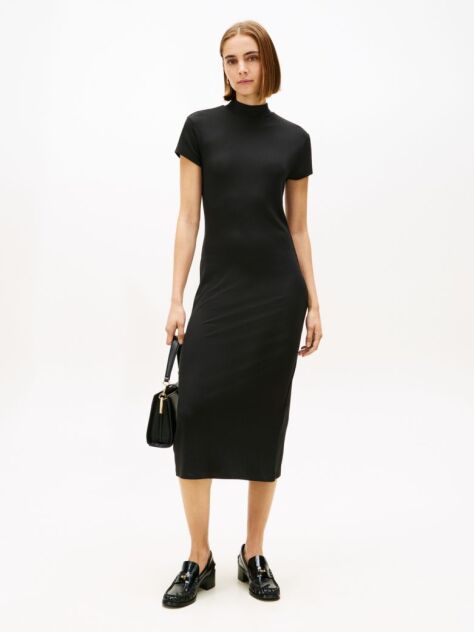 Black Slim Rib Mock Midi Bodycon Dress  Women