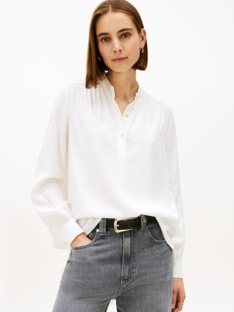 Beige Gold-Tone Button Relaxed Twill Blouse  Women
