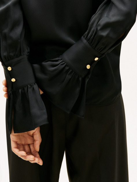 Black Relaxed Ruffle Cuff Sateen Shirt  Women