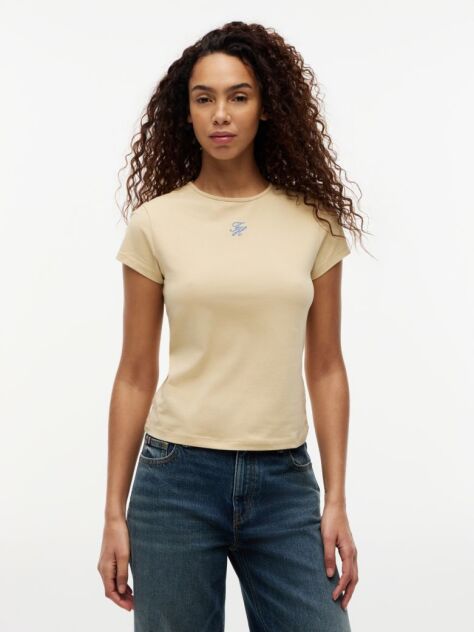 Beige Textured Logo Slim Jersey T-Shirt  Women