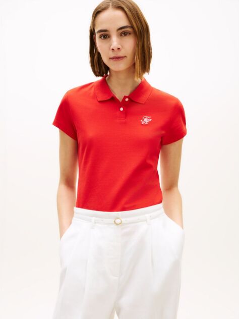 Red 1985 Slim Fit Logo Embroidery Polo Shirt  Women