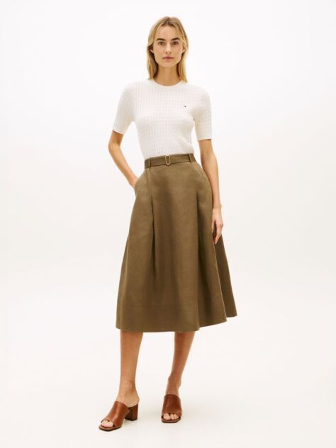 Green Pure Linen Midi Flared Utility Skirt  Women