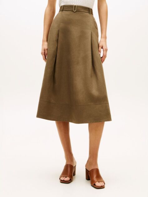 Green Pure Linen Midi Flared Utility Skirt  Women