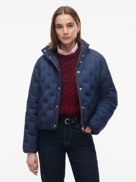 Blue Gold-Tone Button Flag Down Quilted Jacket  Women