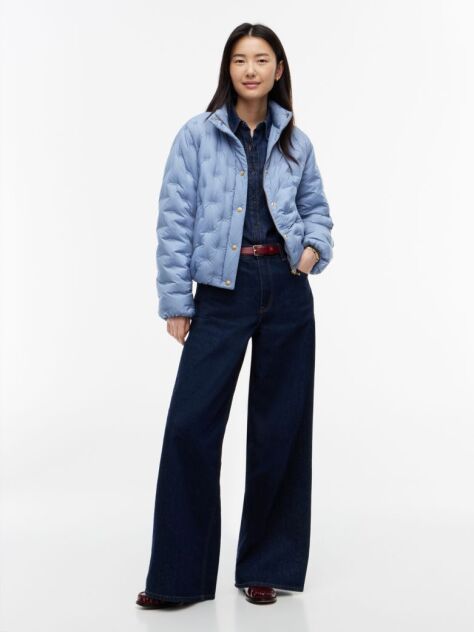 Blue Gold-Tone Button Flag Down Quilted Jacket  Women