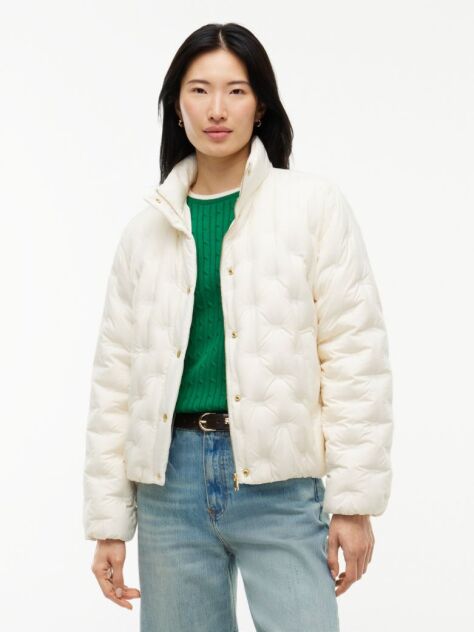 Beige Gold-Tone Button Flag Down Quilted Jacket  Women