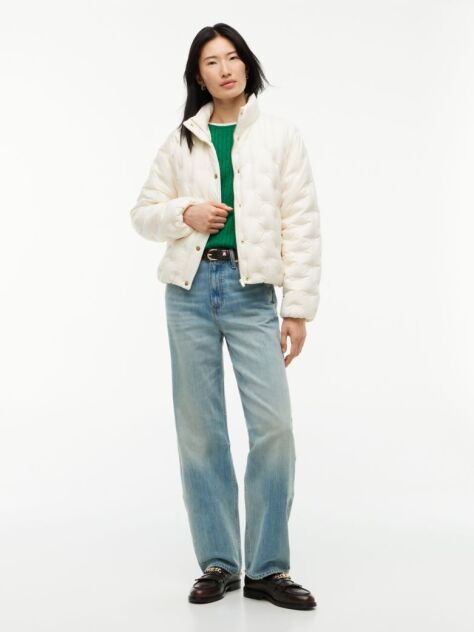 Beige Gold-Tone Button Flag Down Quilted Jacket  Women