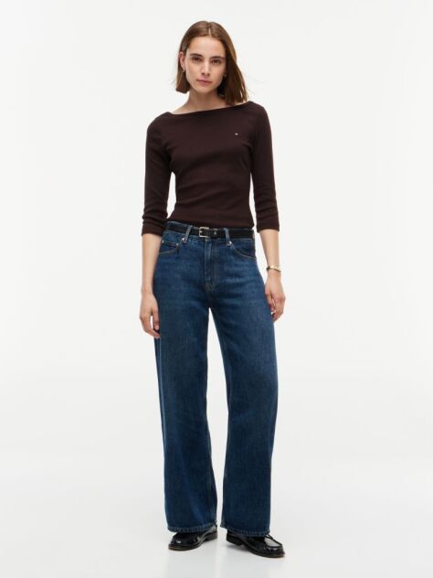 Brown Slim Boat Neck Three-Quarter Sleeve T-Shirt  Women