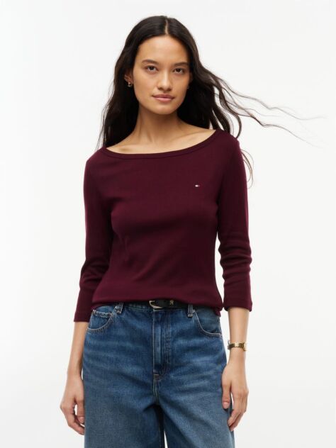 Red Slim Boat Neck Three-Quarter Sleeve T-Shirt  Women