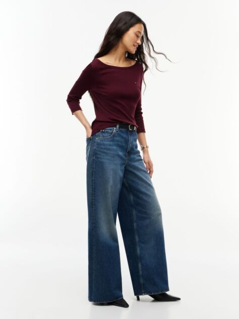Red Slim Boat Neck Three-Quarter Sleeve T-Shirt  Women