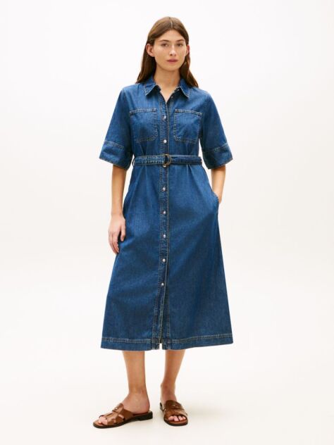 Blue Denim Belted Midi Shirt Dress  Women