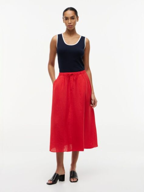 Red Pure Linen A-Line Midi Skirt  Women