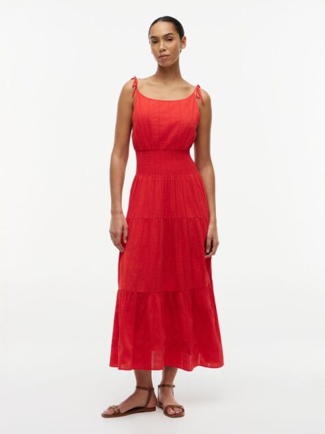 Red Seersucker Smock Tie Strap Midi Dress  Women
