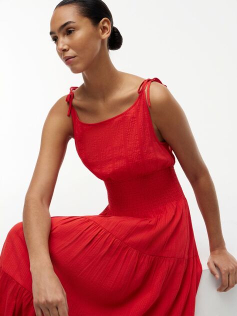 Red Seersucker Smock Tie Strap Midi Dress  Women