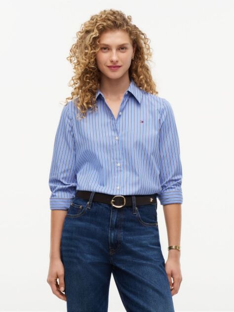 Blue Regular Fit Flag Embroidery Poplin Shirt  Women