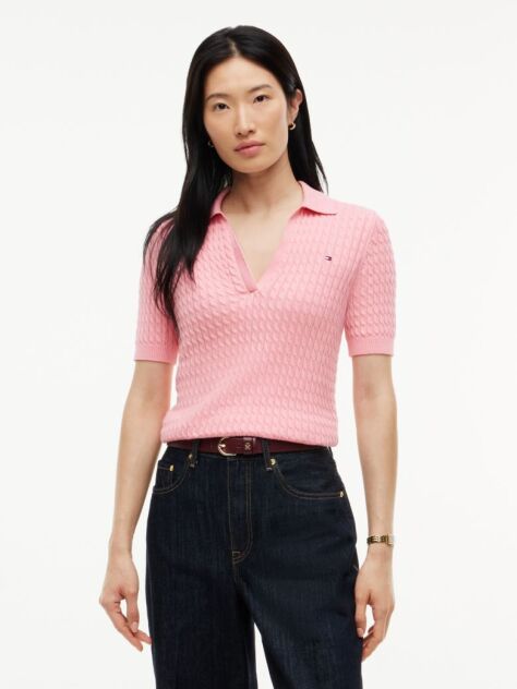 Pink Cable Knit Short Sleeve Polo Jumper  Women