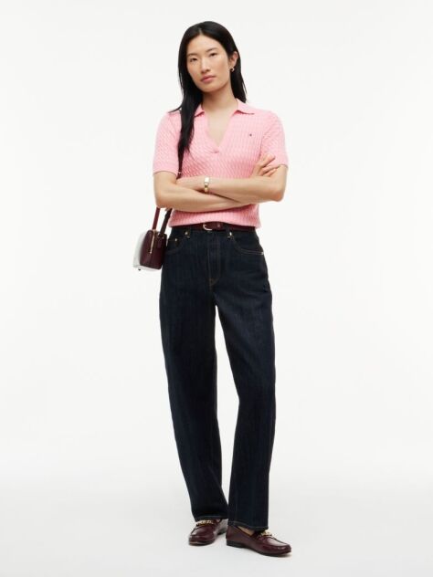 Pink Cable Knit Short Sleeve Polo Jumper  Women