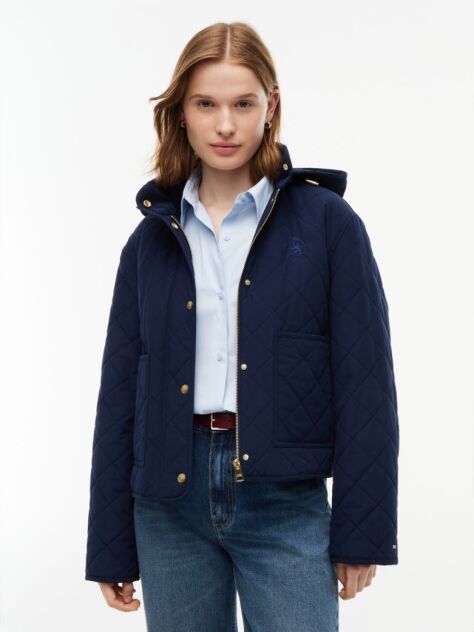 Blue Crest Embroidery Square Quilted Hooded Jacket  Women