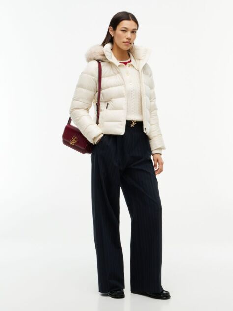 Beige Shiny Down Faux Fur Hooded Fitted Jacket  Women