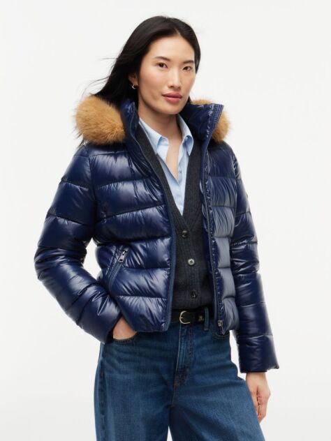 Blue Shiny Down Faux Fur Hooded Fitted Jacket  Women