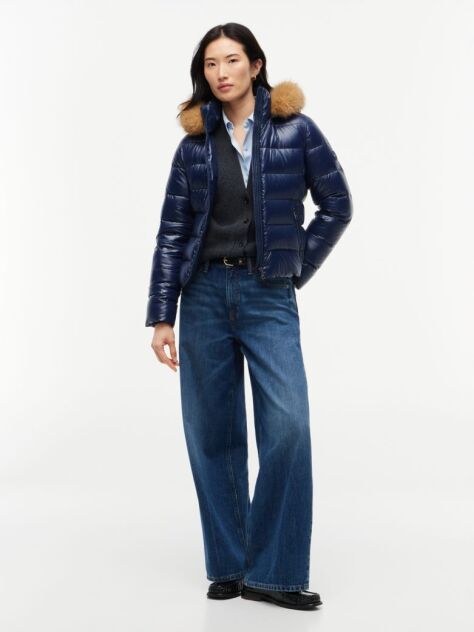 Blue Shiny Down Faux Fur Hooded Fitted Jacket  Women