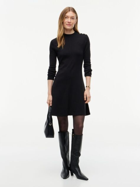 Black Gold-Tone Button Long Sleeve Midi Flare Dress  Women