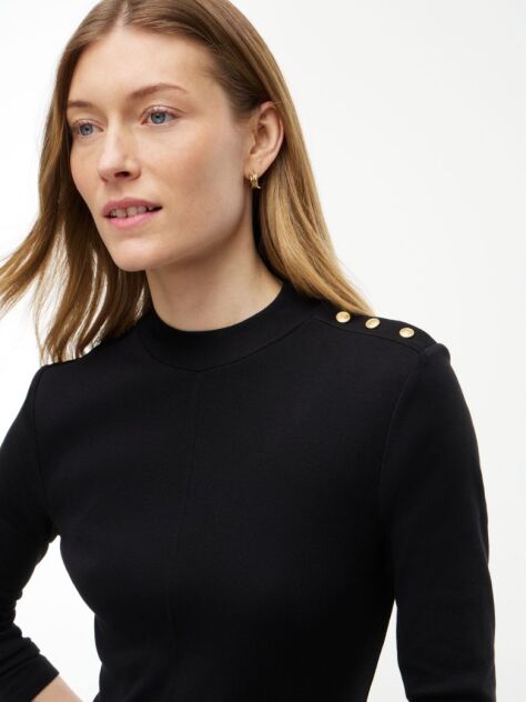 Black Gold-Tone Button Long Sleeve Midi Flare Dress  Women