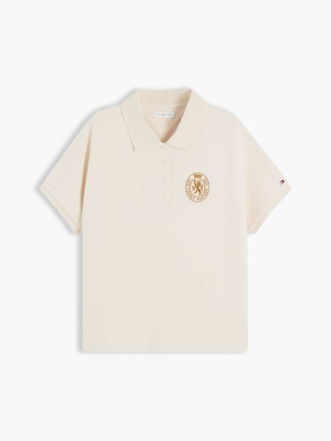 Beige Relaxed Fit Crest Pique Polo Shirt  Women