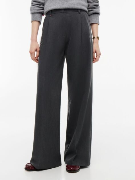 Grey Pleated Twill Wide Leg Trousers  Women