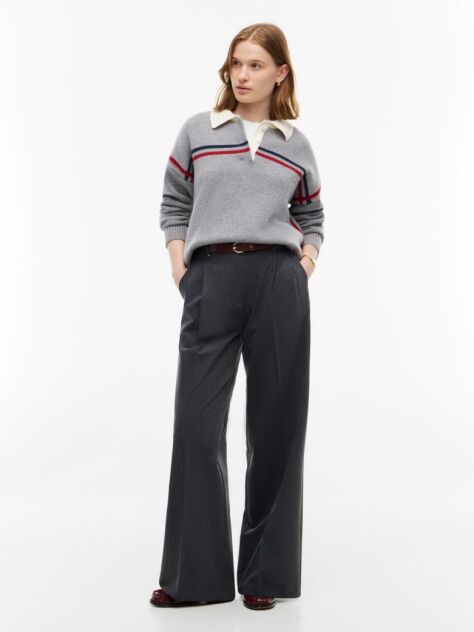 Grey Pleated Twill Wide Leg Trousers  Women