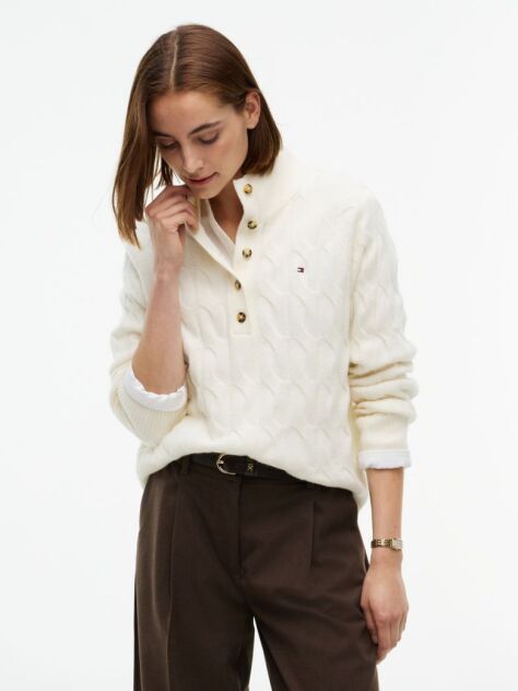 Beige Pure Wool Button Mock Neck Jumper  Women
