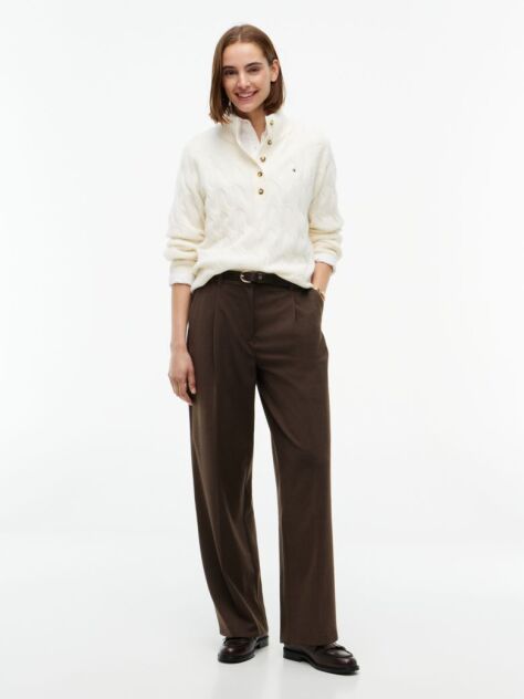 Beige Pure Wool Button Mock Neck Jumper  Women
