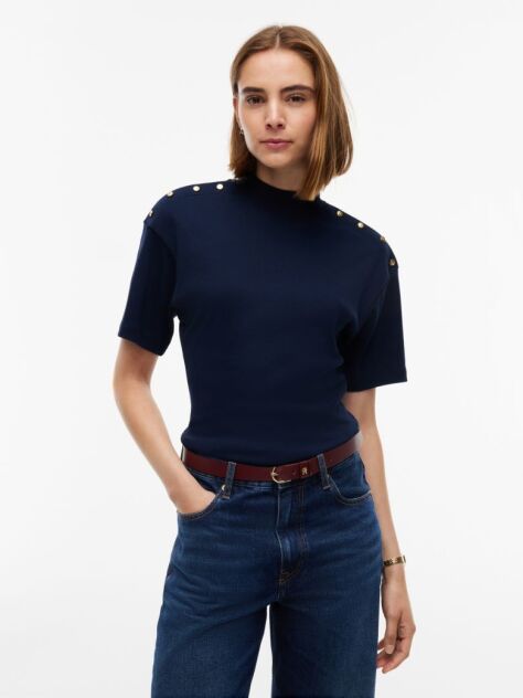 Blue Gold-Tone Button Mock Neck T-Shirt  Women