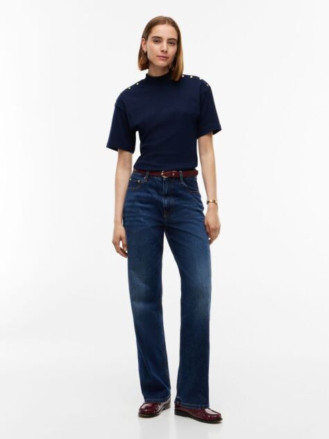 Blue Gold-Tone Button Mock Neck T-Shirt  Women