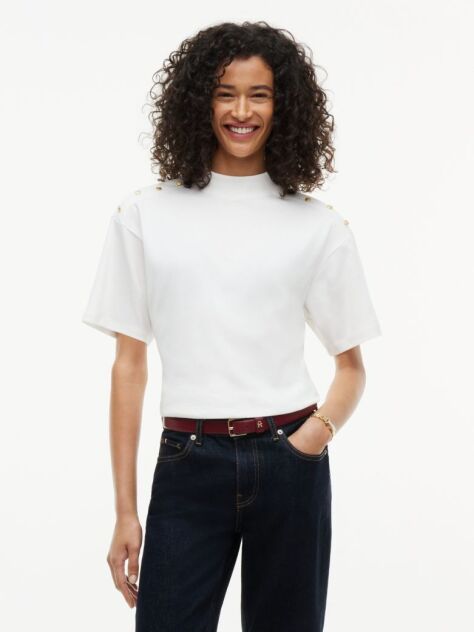 Beige Gold-Tone Button Mock Neck T-Shirt  Women