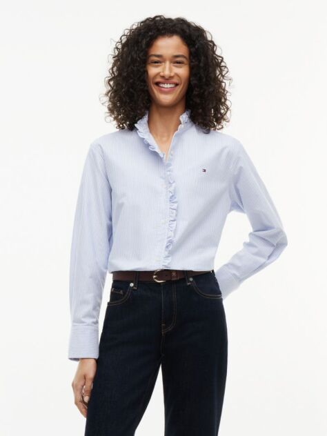 Blue Ruffle Collar Yarn Dyed Oxford Shirt  Women