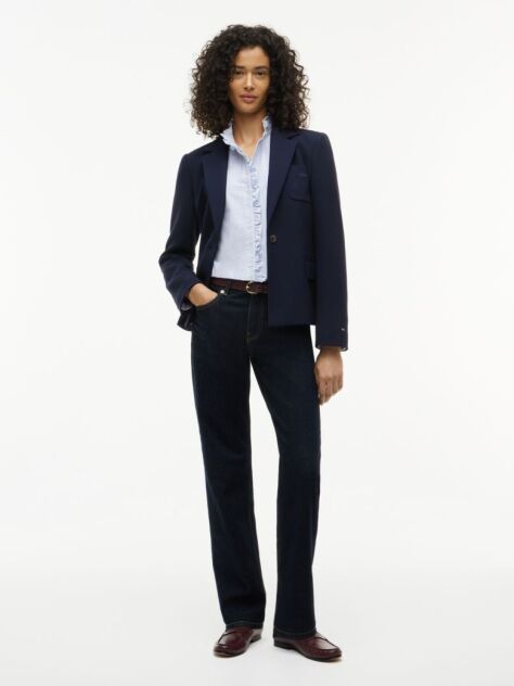 Blue Ruffle Collar Yarn Dyed Oxford Shirt  Women