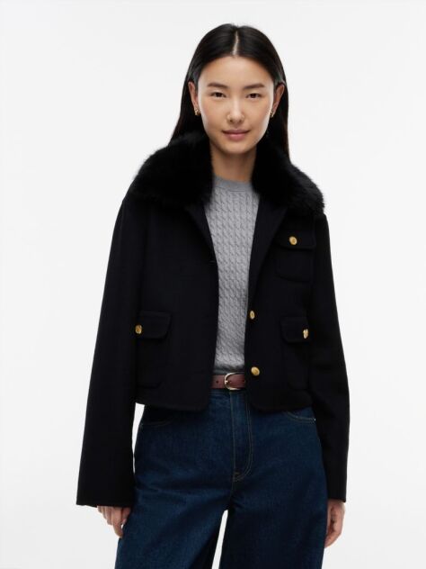 Black Faux Fur Collar Wool Blend Jacket  Women