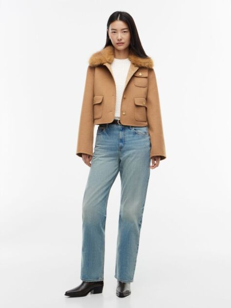 Brown Faux Fur Collar Wool Blend Jacket  Women