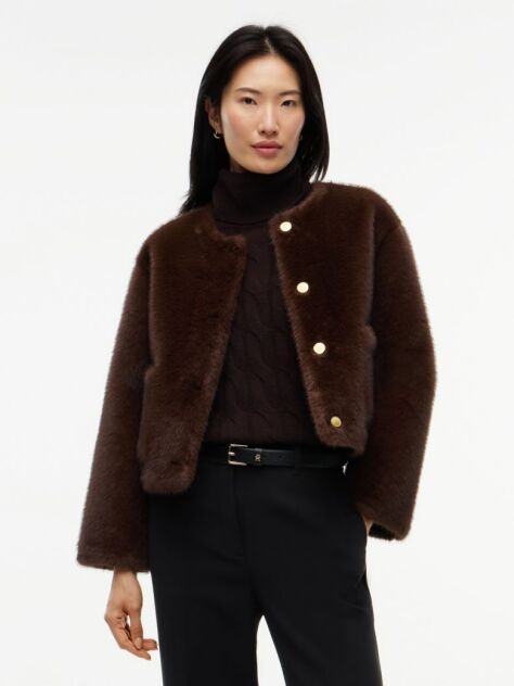 Brown Collarless Faux Fur Jacket  Women