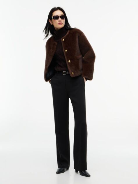 Brown Collarless Faux Fur Jacket  Women