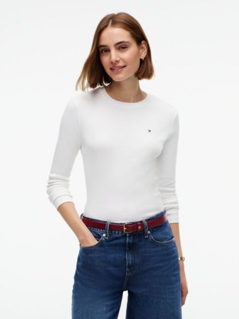 Μπεζ Slim Μακρυμάνικο T-Shirt Με Κλασική Λαιμόκοψη  Γυναίκες