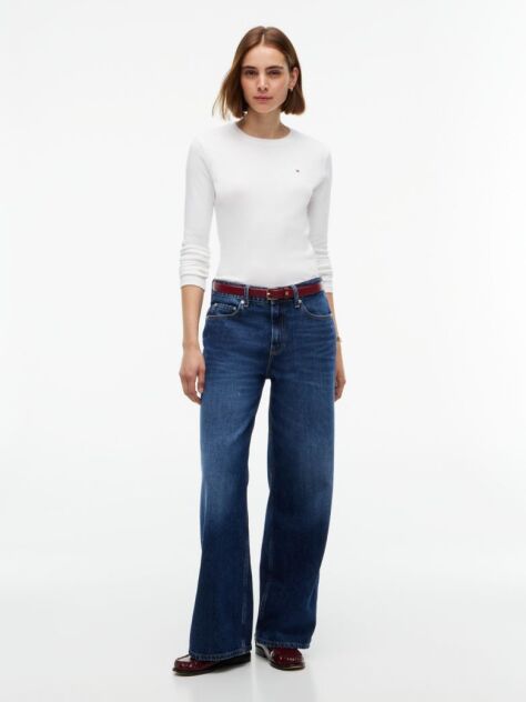 Μπεζ Slim Μακρυμάνικο T-Shirt Με Κλασική Λαιμόκοψη  Γυναίκες