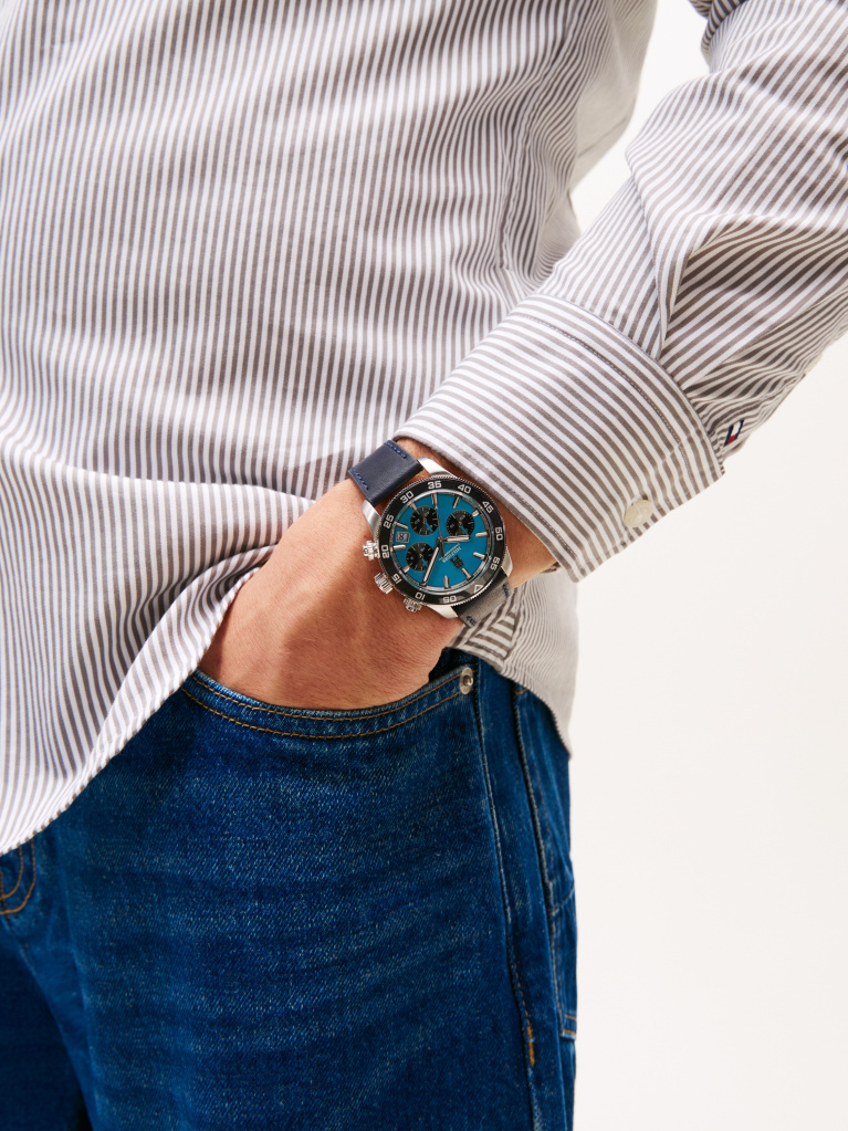 Blue Blue Leather Strap Chronograph Watch  Men