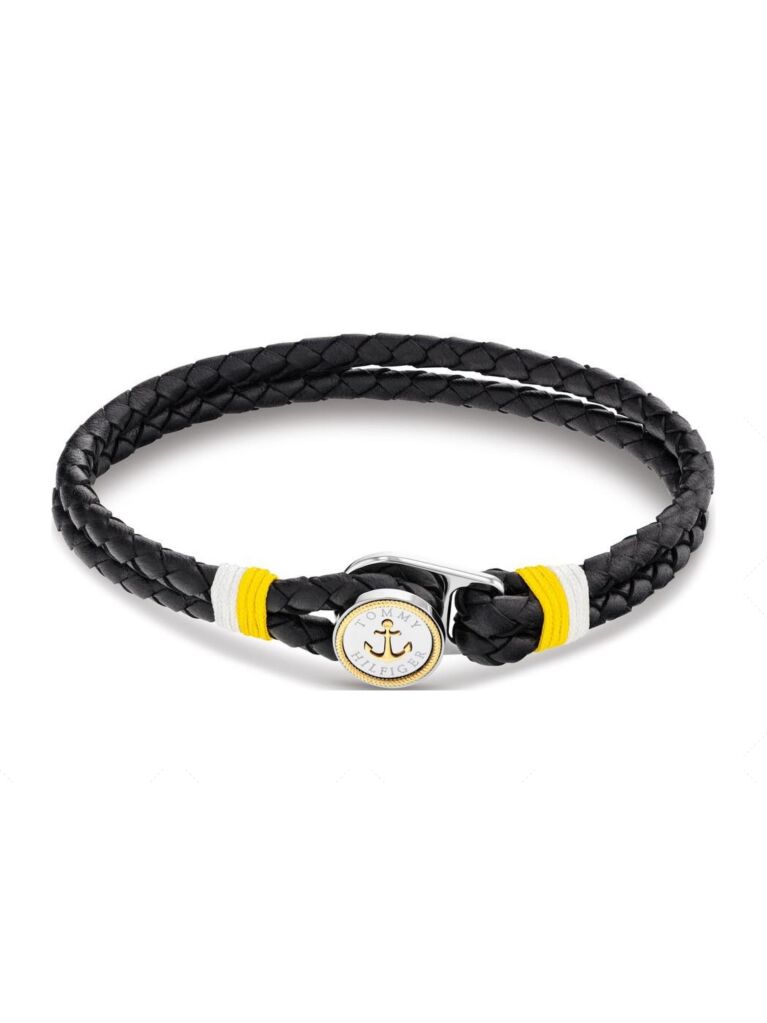 Black Gold-Plated Nautical Charm Black Leather Bracelet  Men