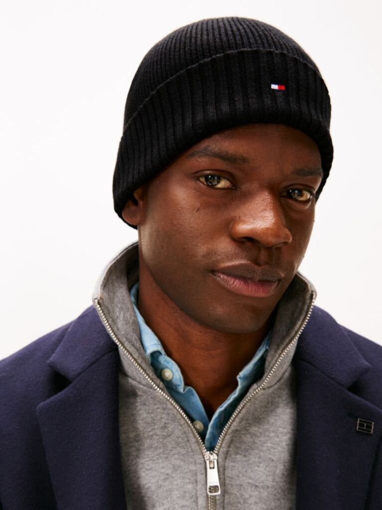 Black Hilfiger Flag Beanie With Cashmere  Men
