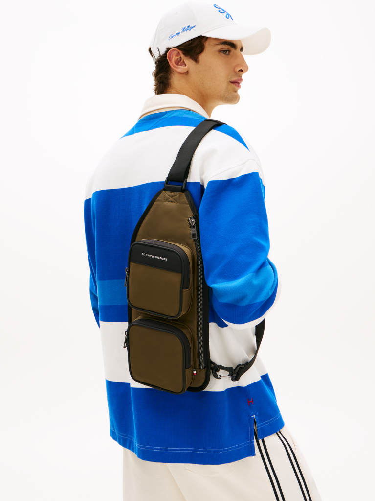 Green Metal Logo Sling Backpack  Men