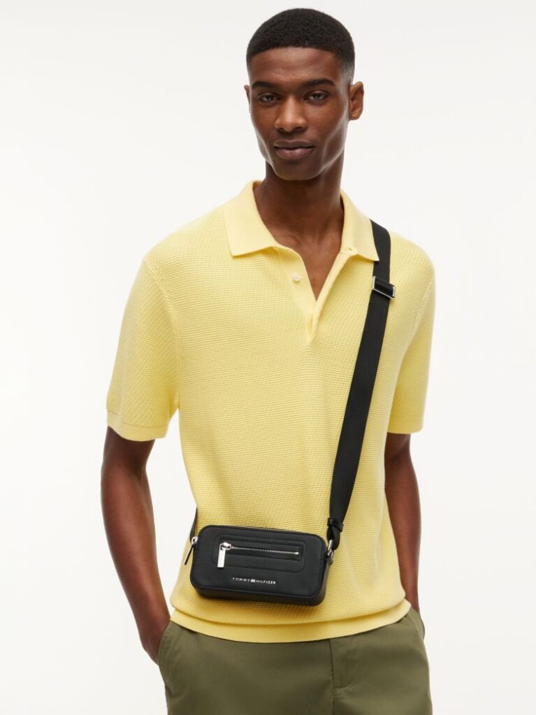 Black Modern Metal Logo Crossbody Bag  Men