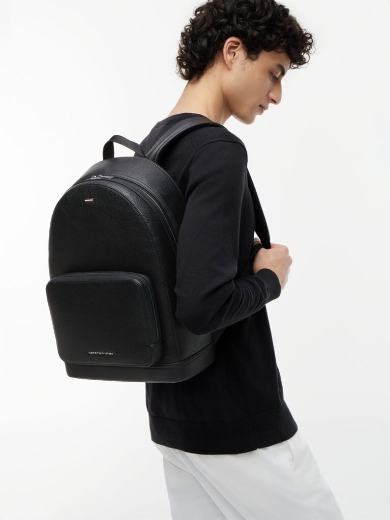 Black Signature Tape Plaque Dome Backpack  Men